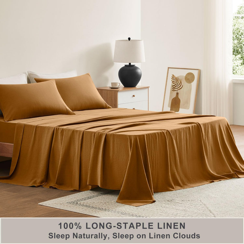 TOSMO Pure Linen Sheets Set, 100% French Natural Linen Flax Bedding 3pc Set (1 Flat Sheet, 1 Fitted Sheet, 1 Pillowcase) -Twin, Butternut