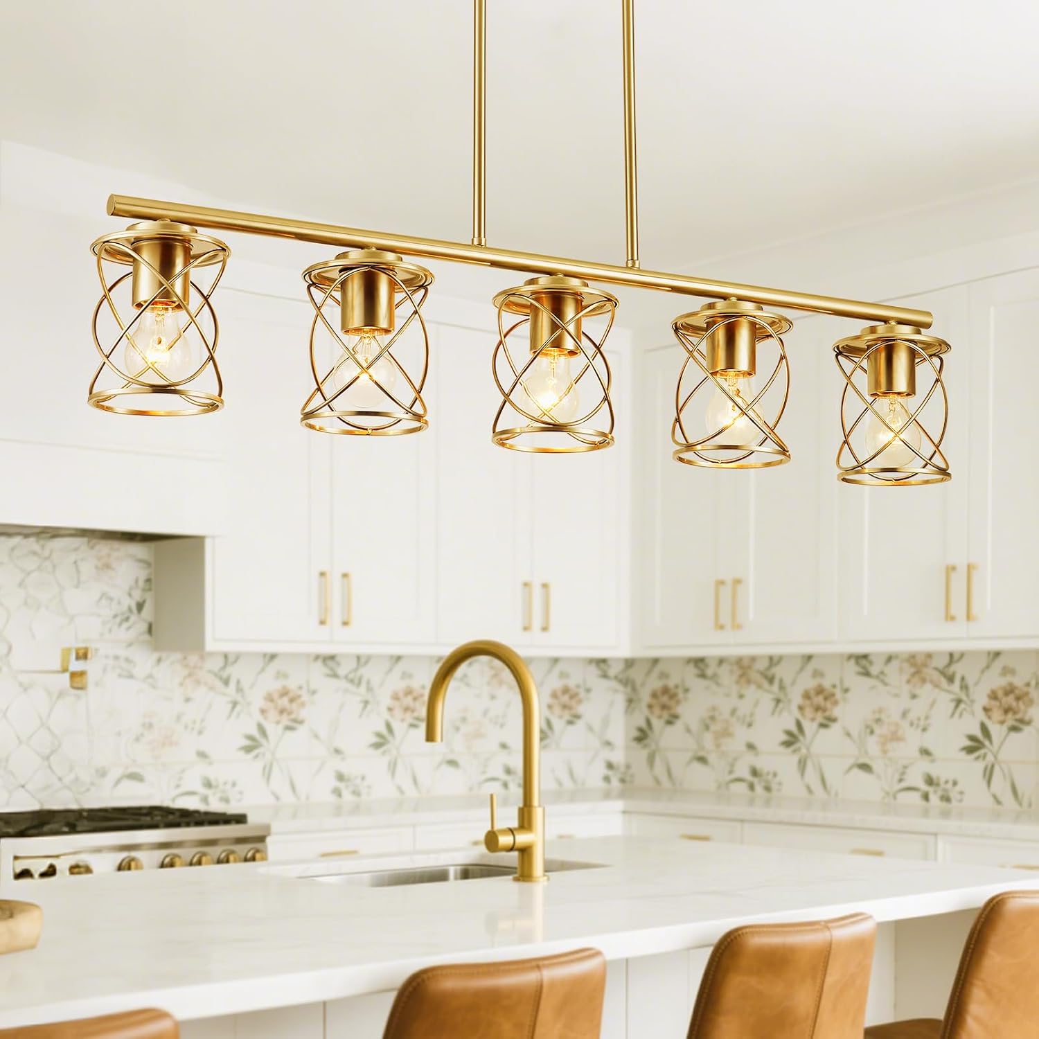 mavcadonf Kitchen Island Light, 5-Light Dining Room Lighting Fixtures Hanging, Farmhouse Linear Pendant Light for Kitchen Island Table Living Room with Adjustable Rods, Brushed Gold