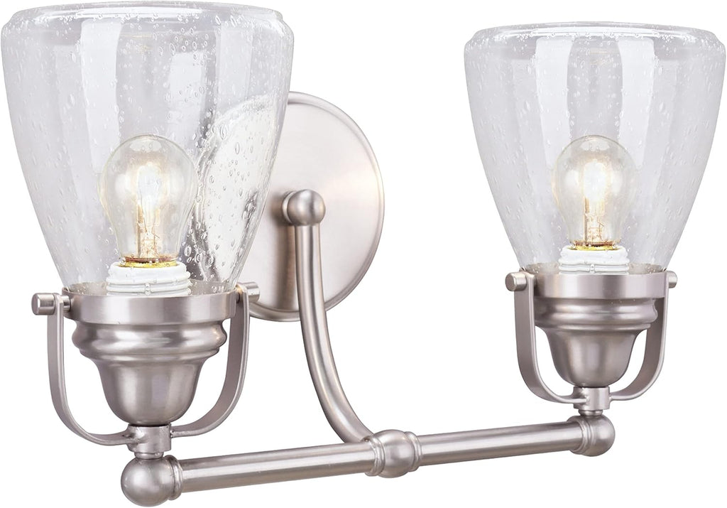 Aspen Creative 62098, Two-Light Metal Bathroom Vanity Wall Light Fixture, 15 3/4' Wide, Transitional Design in Brushed Nickel with Clear Seedy Glass Shade