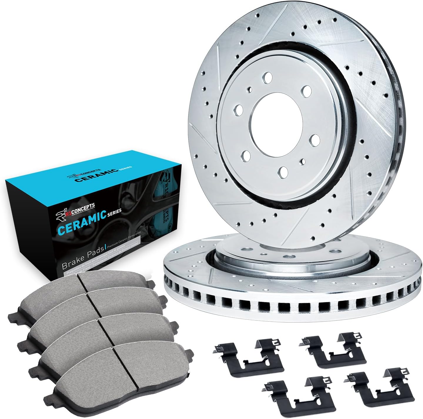 R1 Concepts Front Brake Kit Fits 2018-2020 Buick Enclave; 2017-2020 Cadillac XT5; 2020 Cadillac XT6| Ceramic Pads, Drilled Slotted Rotors| Hardware| 13.6' Front