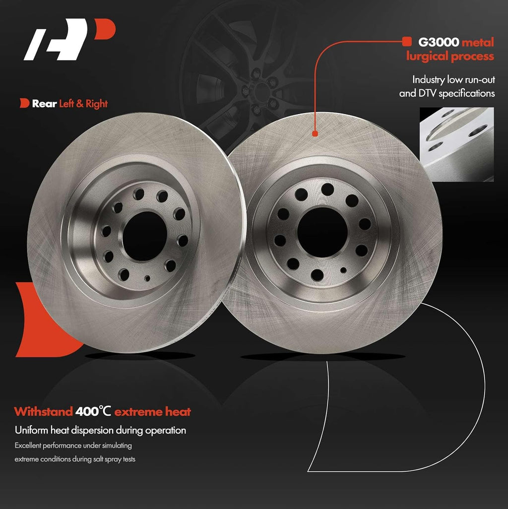 A-Premium 11.81 inch (300mm) Rear Solid Disc Brake Rotors + Ceramic Pads Kit Compatible with Select Volkswagen and Audi Models - Jetta 2019-2023, Golf, Tiguan, Q3, TT Quattro, Arteon, 6-PC Set