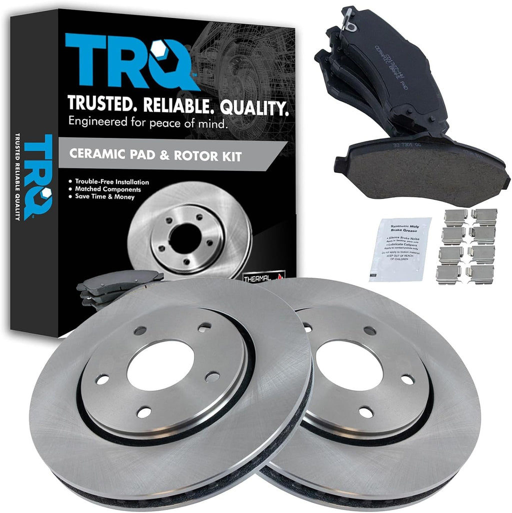 TRQ Front Brake Pad and Rotor Set Ceramic Vented Rotors Compatible with 2008-2016 Chrysler Town and Country 2008-2016 Grand Caravan 2009-2013 Journey 2012-2015 Ram C V 2009-2014 Volkswagen Routan