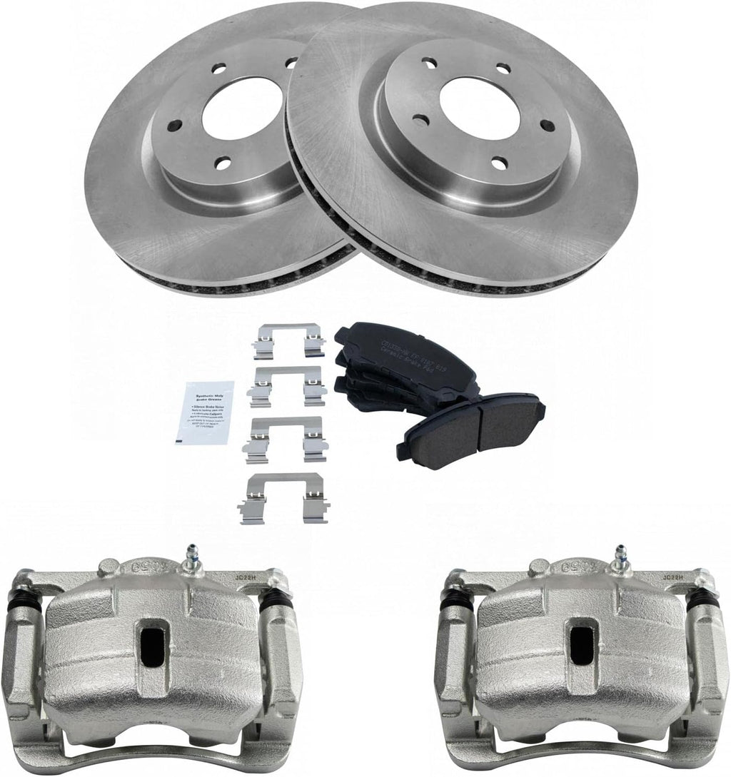TRQ Front Ceramic Brake Pad and Rotor Set Includes Calipers Compatible with 2008-2013 Nissan Rogue 2014-2015 Nissan Rogue Select