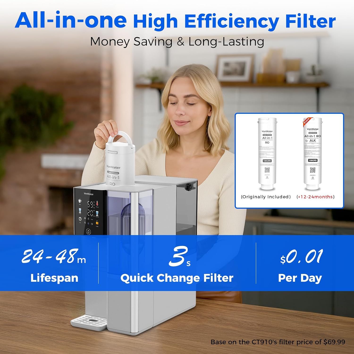 Alkaline Mineral Hot and Cold Countertop Reverse Osmosis System - 2 Filters (1 RO + 1 Remineralization pH+ RO) for 4-Year Lifespan, 3s Hot, 8-Stage RO Filtration, NSF/ANSI372/42/58, C5 Bundle