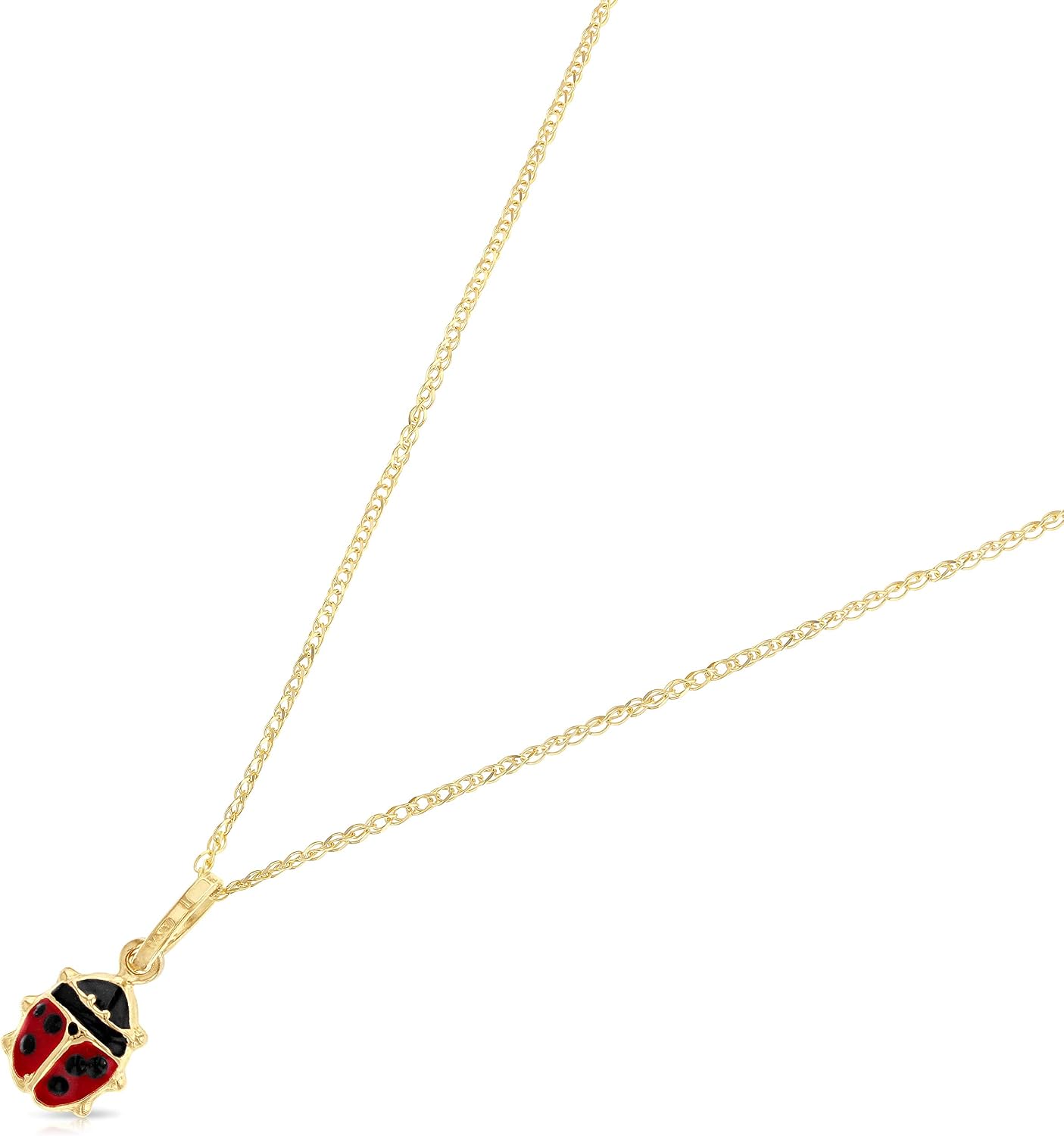 Ioka 14K Yellow Gold Lady Bug Colored Enamel Lucky Charm Pendant with 1.2mm Flat Open Wheat Chain Necklace