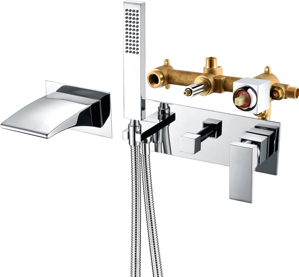 SUMERAIN Wall Mount Tub Faucets, Waterfall Tub Filler Spout with Hand Shower