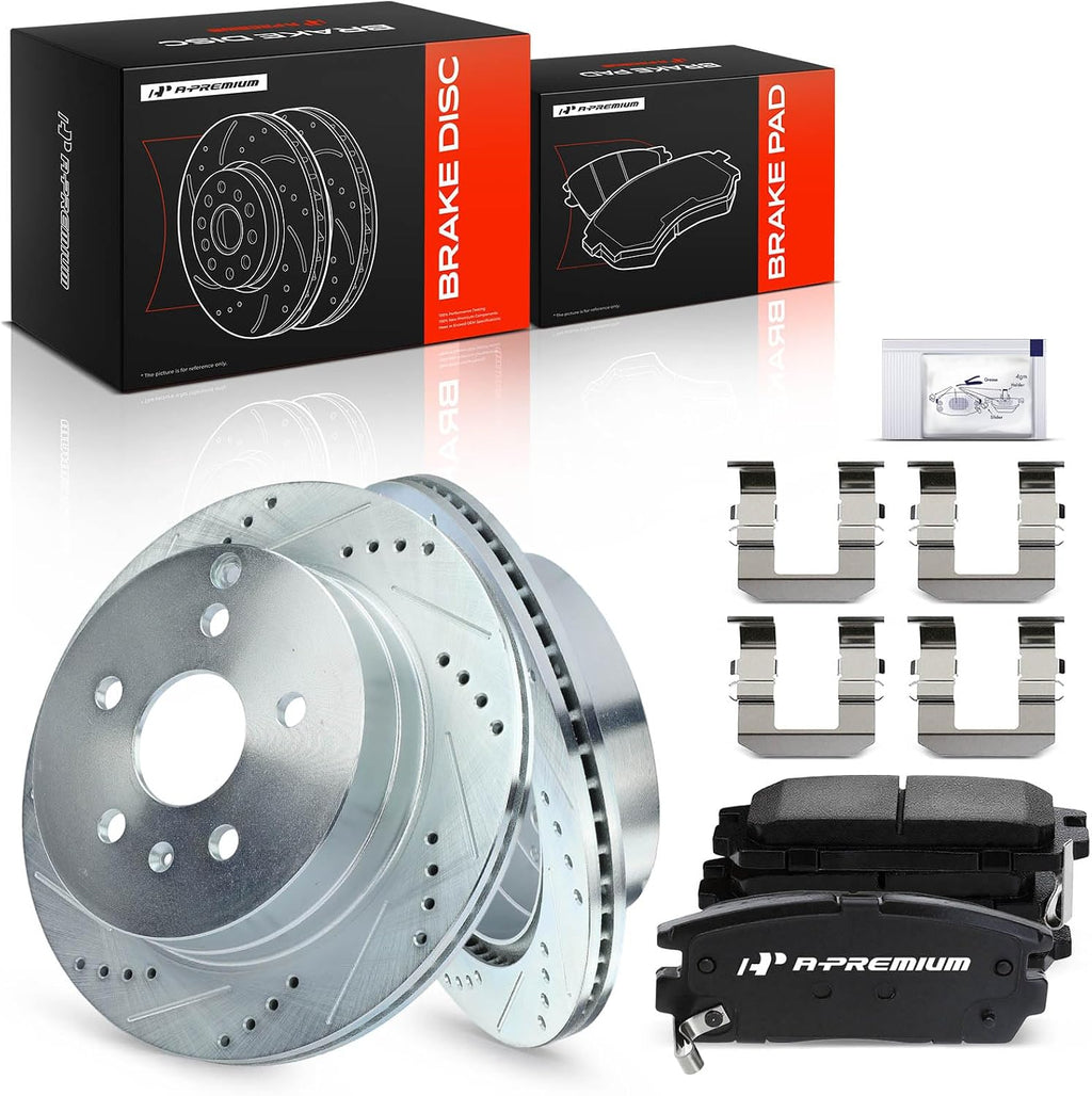 A-Premium 11.93 inch (303mm) Rear Drilled and Slotted Disc Brake Rotors + Ceramic Pads Kit Compatible with Select Chevy and GMC Models - Equinox/Terrain 2010 2011 2012 2013 2014 2015 2016 2017