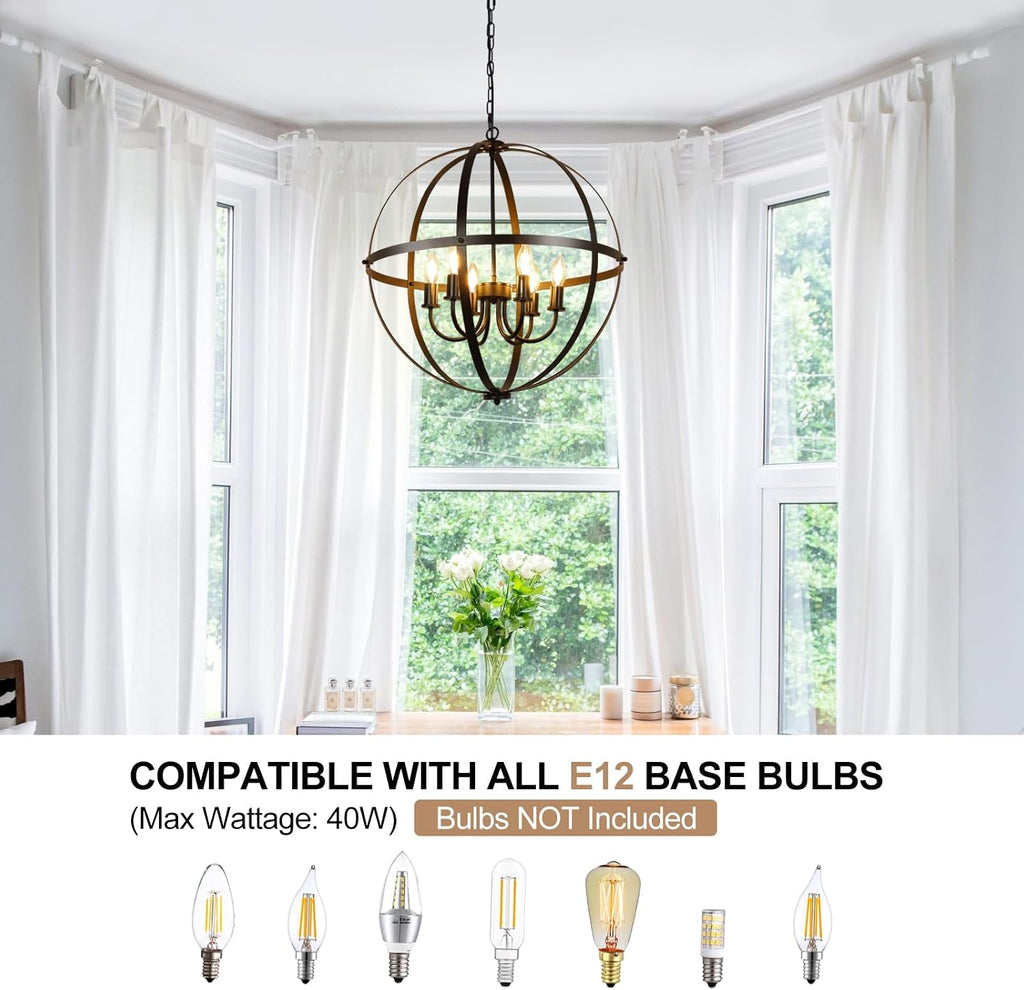 DLLT 6-Light Orb Chandelier, Black Globe Pendant Light Fixtures, Industrial Sphere Pendant Lighting Over Island, Adjustable Hanging Light with Metal Cage for Dining Room, Foyer, E12 Bulbs Not Included