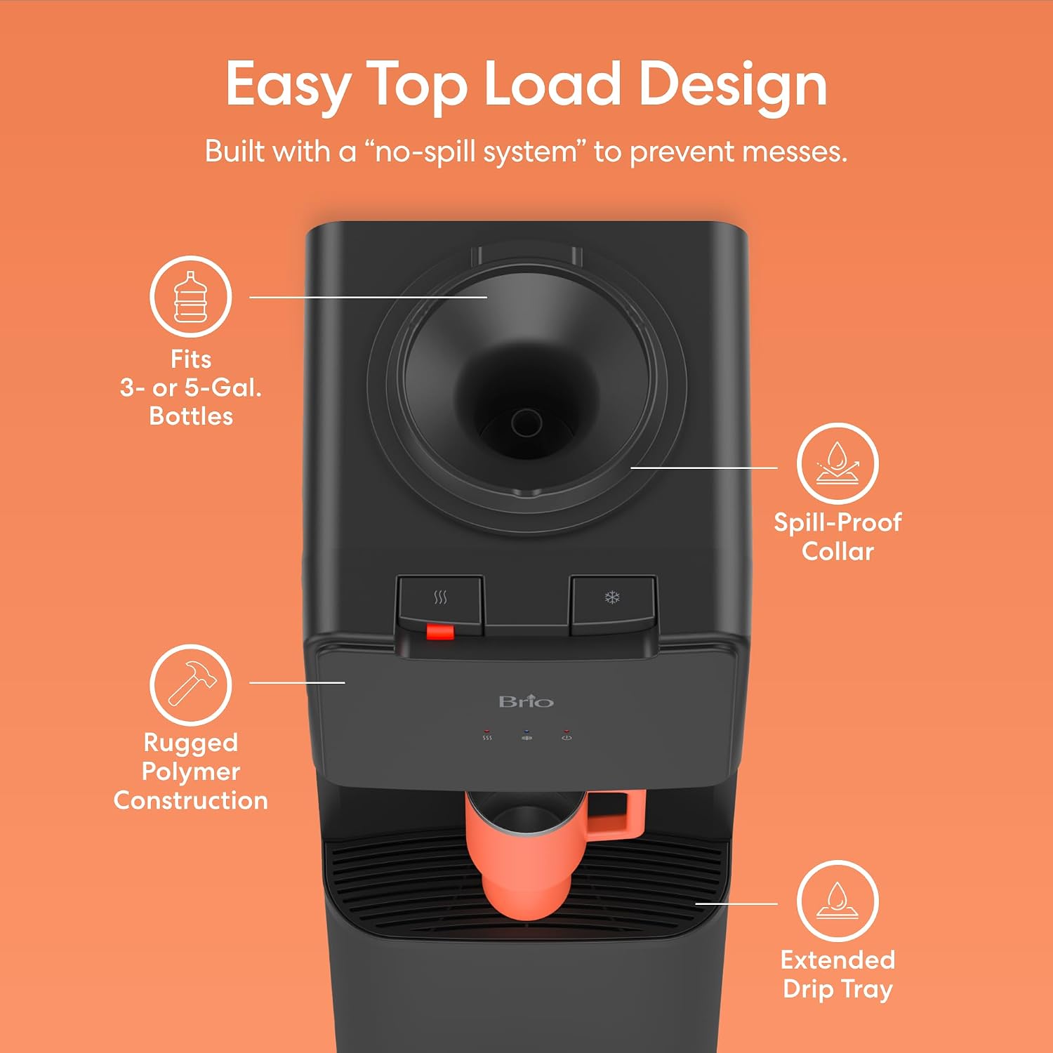 Brio 130 Series Top-Load Water Cooler Dispenser for 3- and 5-Gallon Bottles, Hot & Cold, Spill-Free Loading, Child Safety Lock, Energy Star 3.0, Black
