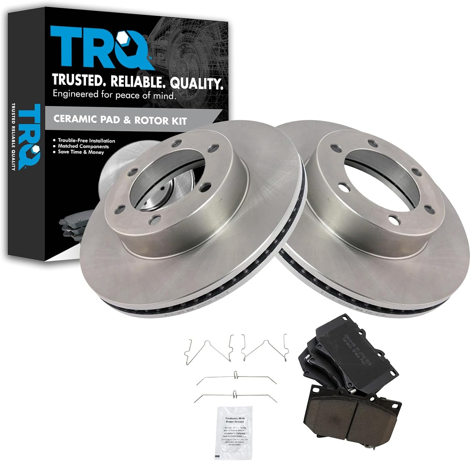 TRQ Front Ceramic Brake Pad and Rotor Set Compatible with 00-03 Toyota Tundra 01-03 Sequoia with 4.7 Inch Front Pad Length Models