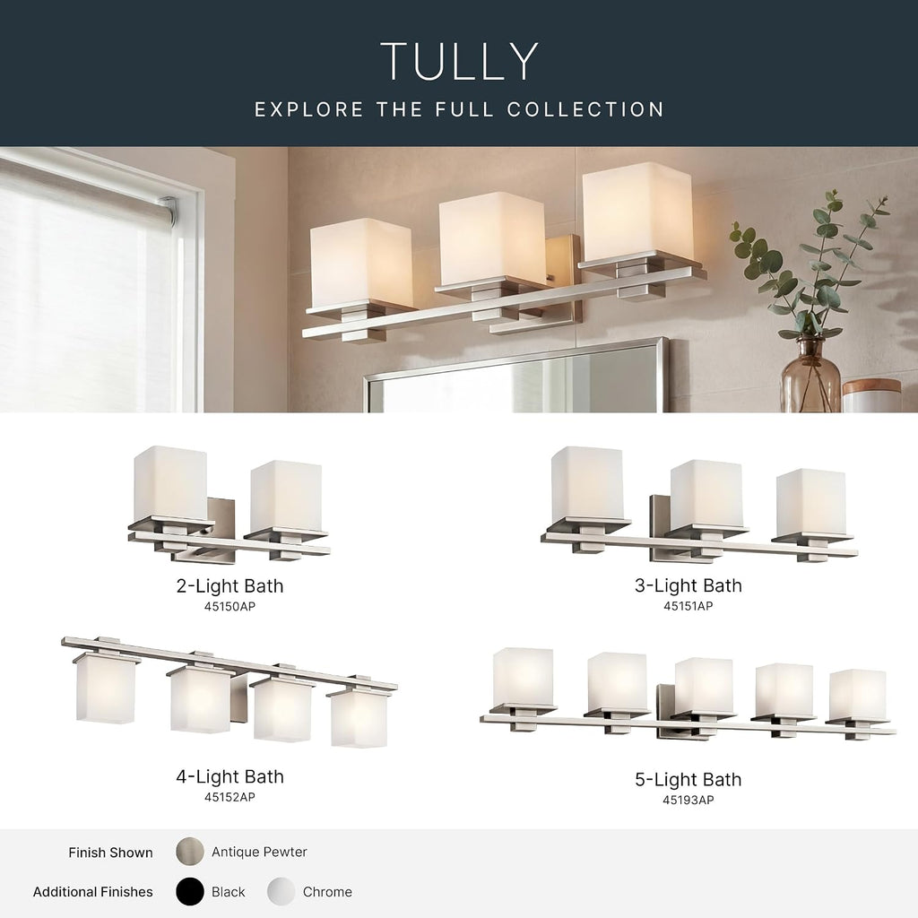 Kichler Tully 24' Vanity Light in Antique Pewter, 3-Light Modern Bathroom Light with Satin Etched Cased Opal Glass, (24' W x 6.5' H), 45151AP