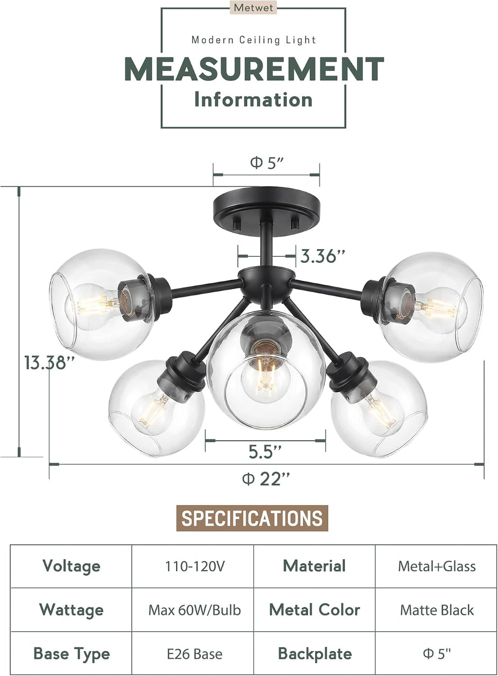 6-Light Semi Flush Mount Ceiling Light, 22' Modern Light Fixtures Ceiling Mount with Globe Clear Glass Shade, Matte Black Light Fixtures for Kitchen Entryway Bedroom, SM195-MB-6