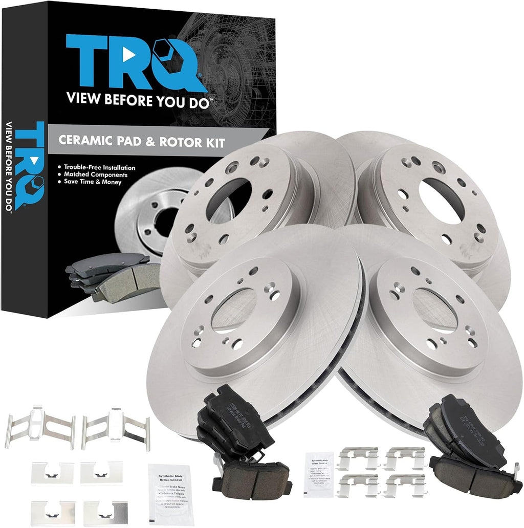 TRQ Front and Rear Brake Pad and Rotor Set Ceramic Vented Solid Rotors Compatible with 2004-2008 Acura TL