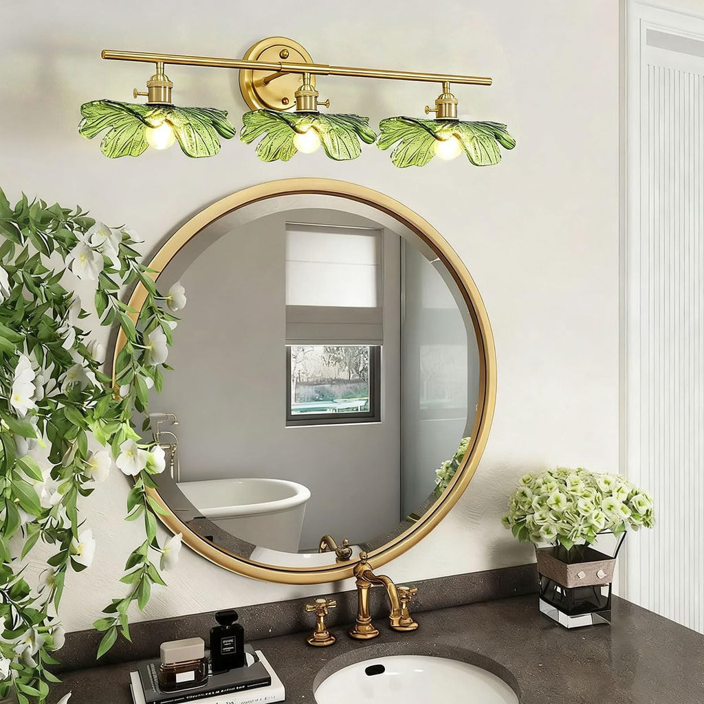 3 Light Green Glass Wall Sconces Art Deco Leaf Bathroom Lighting Fixtures Over Mirror, Gold brass Wall Sconce Vintage Wall Light Mid Century Modern Vanity Lights for Living Room Bedroom Hallway