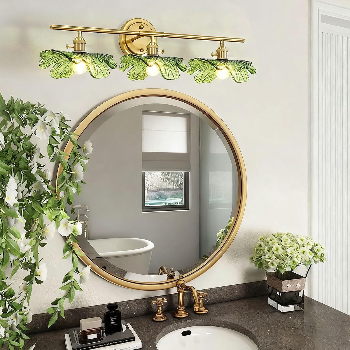 3 Light Green Glass Wall Sconces Art Deco Leaf Bathroom Lighting Fixtures Over Mirror, Gold brass Wall Sconce Vintage Wall Light Mid Century Modern Vanity Lights for Living Room Bedroom Hallway