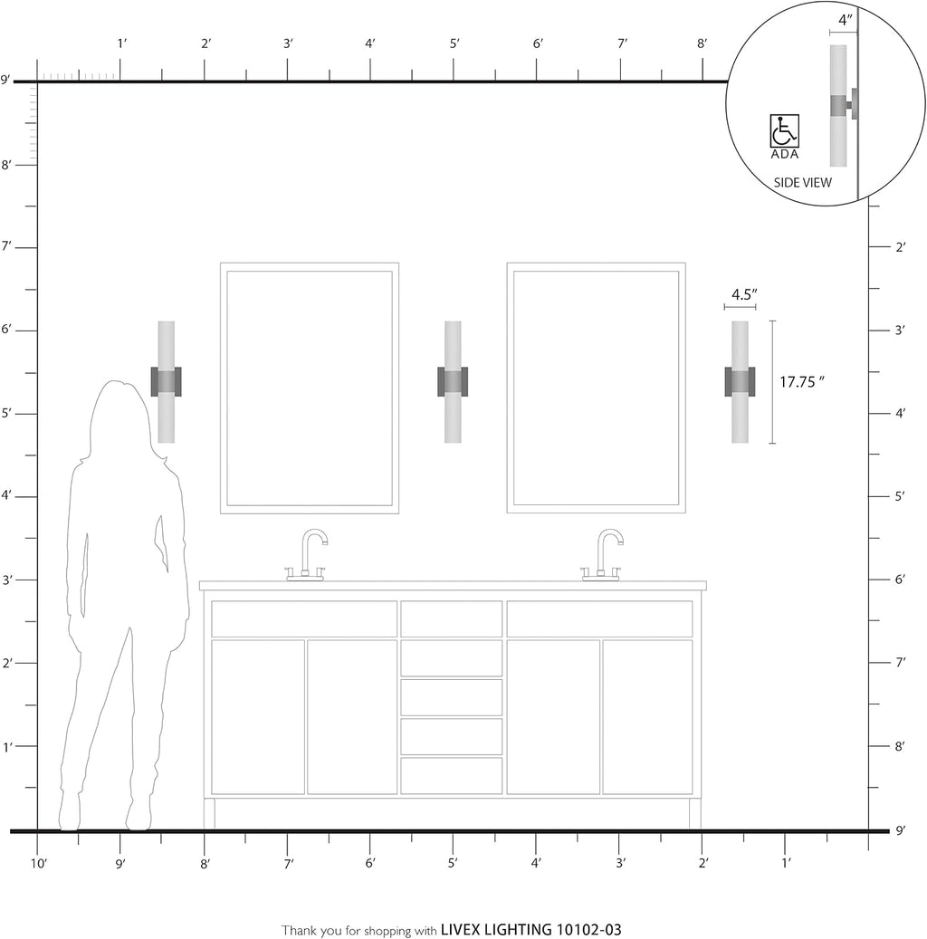 Livex Lighting 10102-03 Aero 2 Light ADA Vanity Sconce, White with Brushed Nickel Accent, 4.5 x 17.75