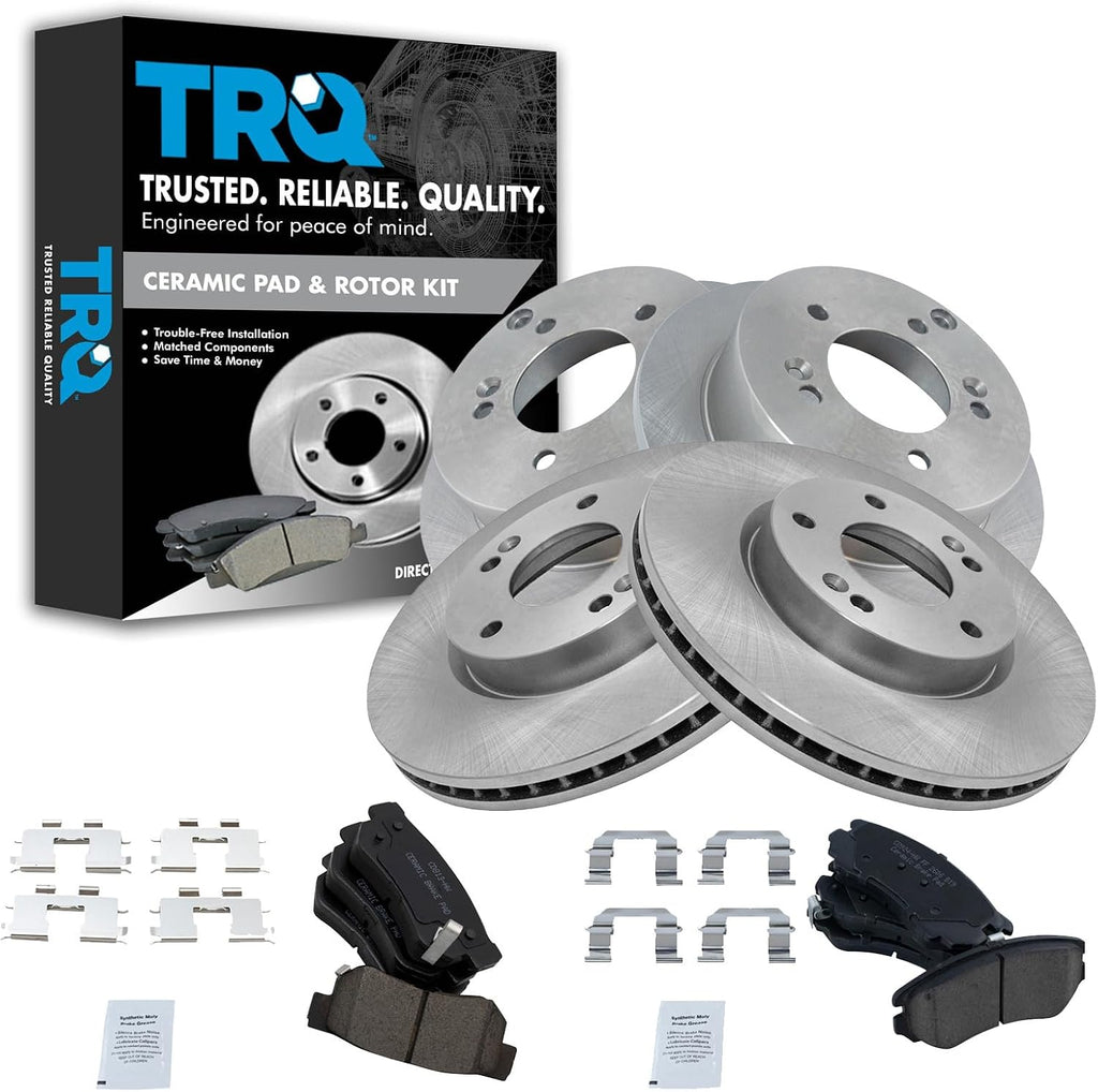 TRQ Front and Rear Brake Pad and Rotor Set Ceramic Vented Solid Rotors Compatible with 2005-2009 Hyundai Tucson 2005-2010 Kia Sportage Front Wheel Drive
