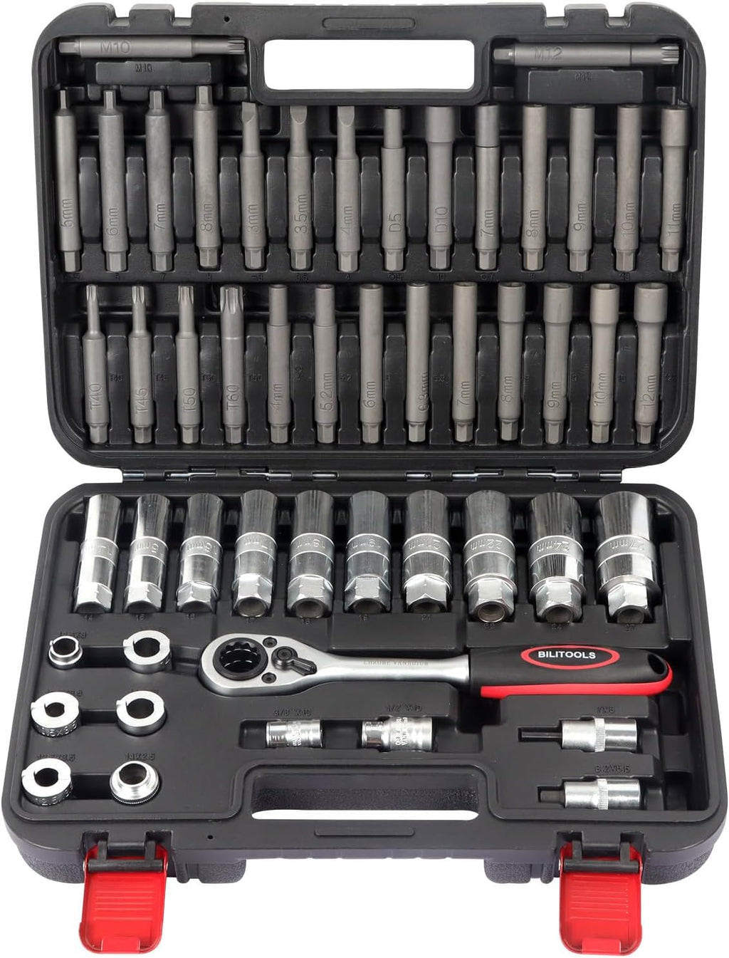 BILITOOLS 50PCS Shock Absorber Strut Nut Socket Set | Master Suspension Tool, Strut Top Mount Nut Removal & Install, Automotive Use, with Ratchet Adaptors