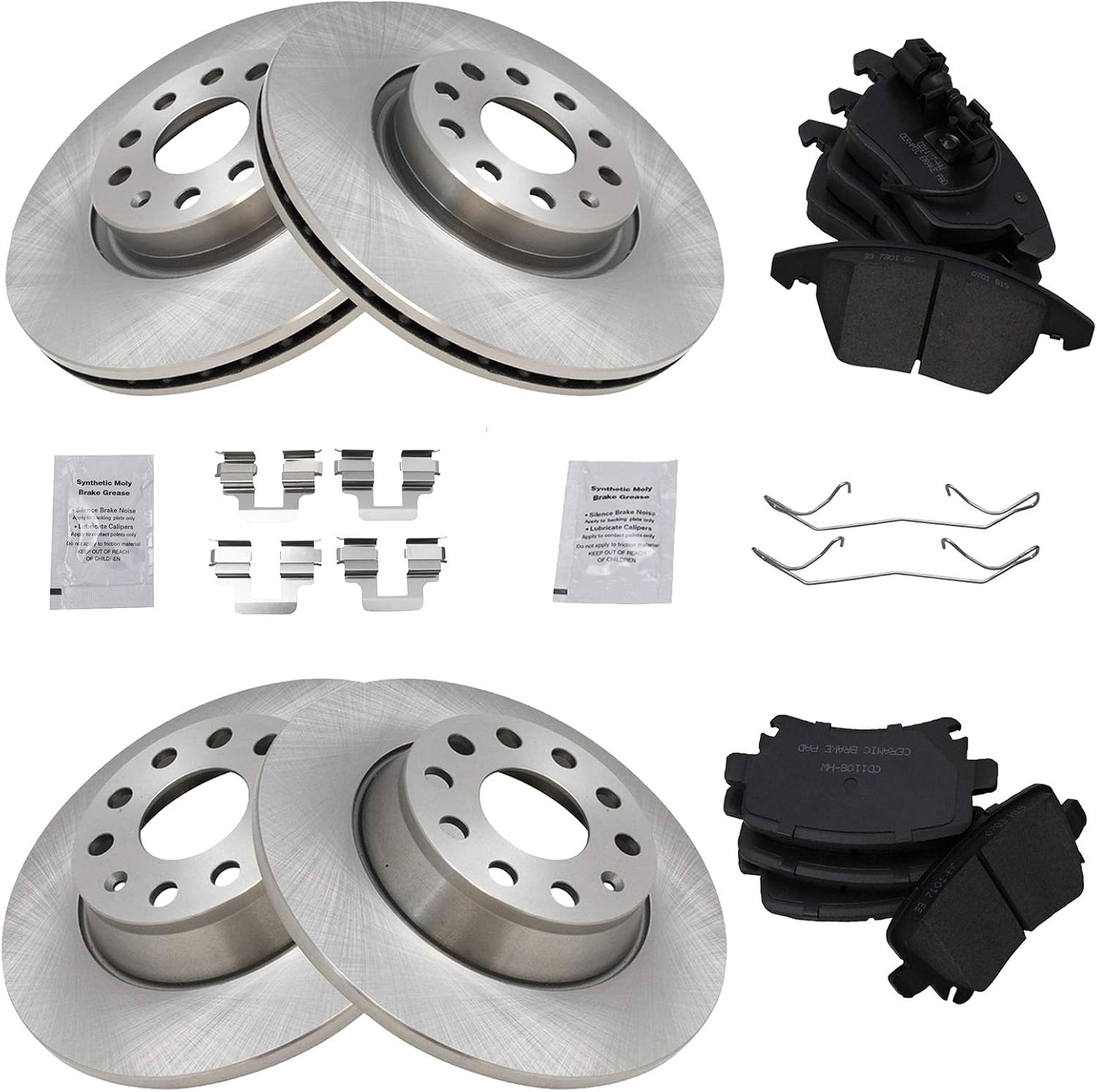 TRQ Front and Rear Ceramic Brake Pad and Rotor Set Compatible with 06-07 Audi A3 06-07 Quattro 06-10 VW GTI 09-10 CC Sport 06-07 Passat 2.0T with 312mm Diameter Front Rotors