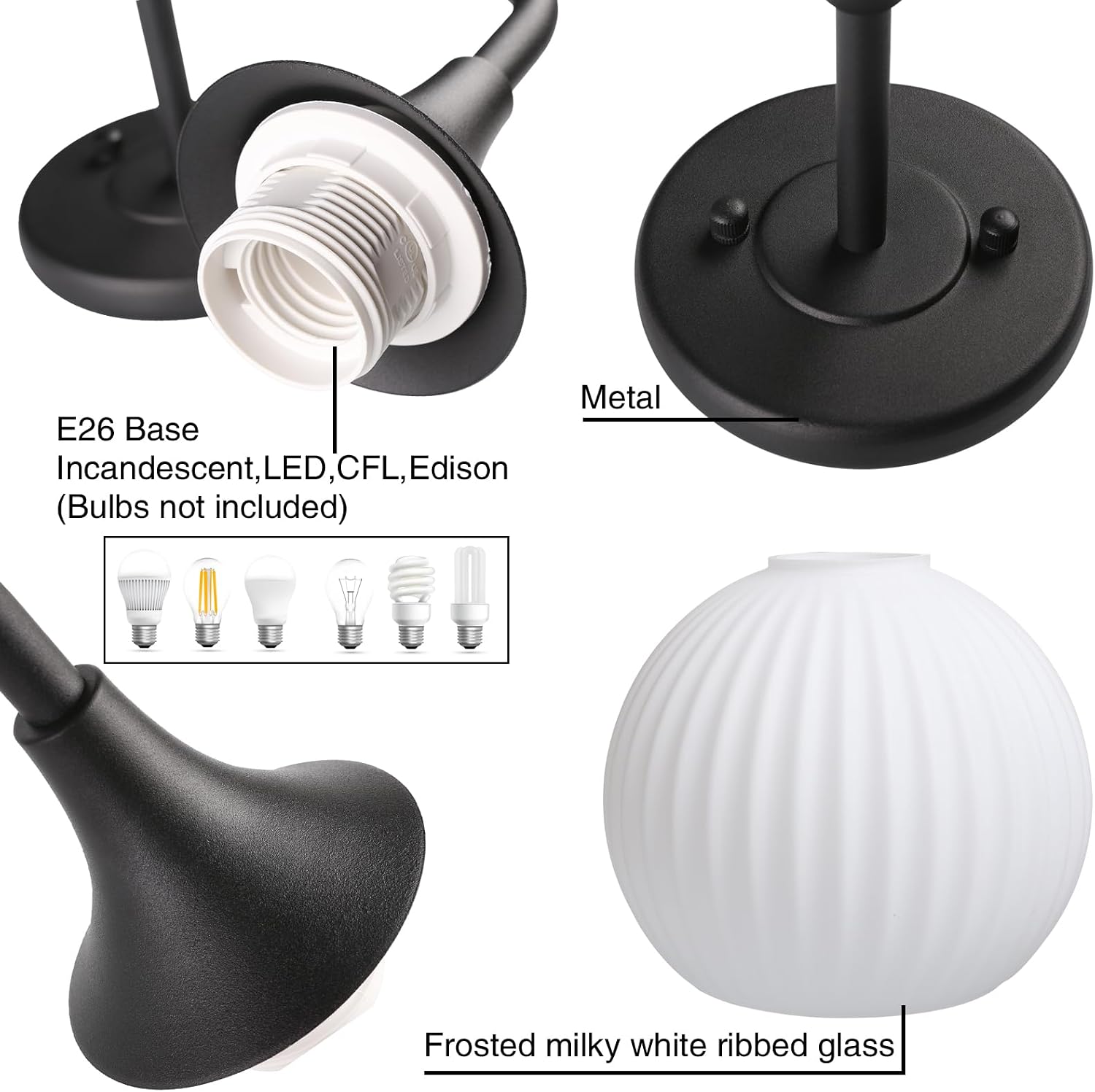 PERMO Double Sconce Black Vintage Vanity Light with White Ribbed Globe Glass Shade Hardwired Wall Light Fixture for Bathroom Mirror Cabinets Hallway Stairs