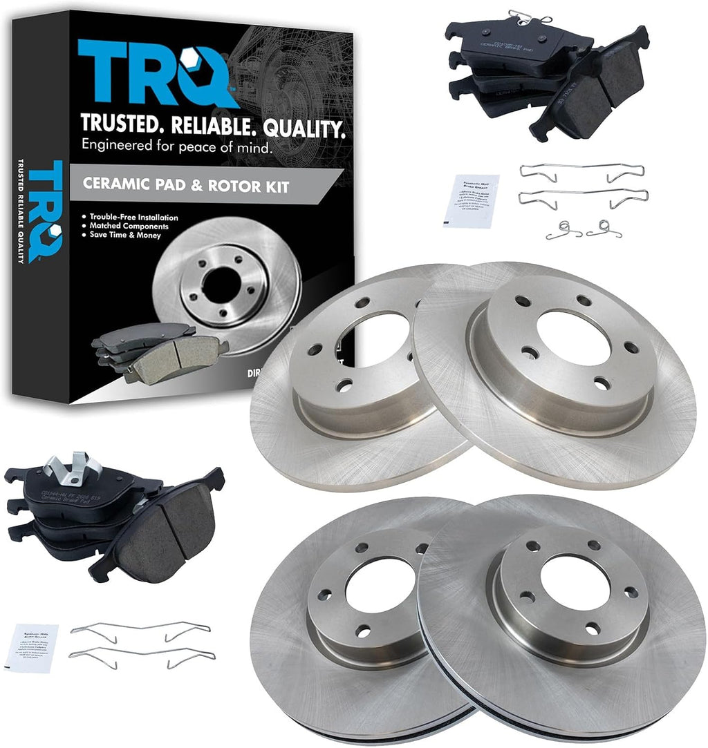 TRQ Front and Rear Brake Pad and Rotor Set Ceramic Vented Solid Rotors Compatible with 2006-2013 Mazda 3