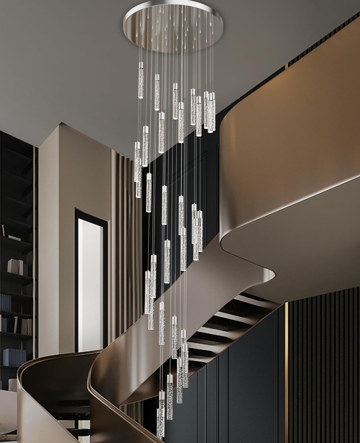 Pendant Lights Kitchen Island, 3000K-6500K Modern Kitchen Island Lights Brushed Nickel, 36-Light Ceiling Lighting Fixtures with Crystal Bubble, Integrated LED Hanging Light for Living Room