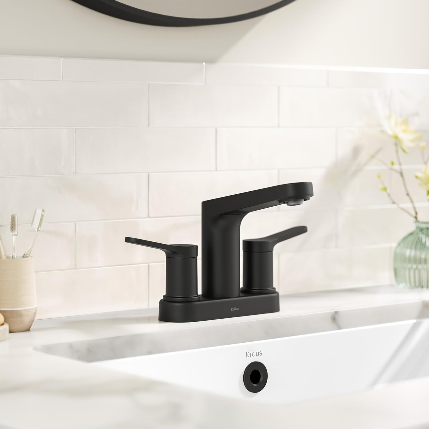 KRAUS Indy Centerset Bathroom Faucet in Matte Black with 2 Handles, Pop Up Drain and Supply Lines, FUS-14102MB