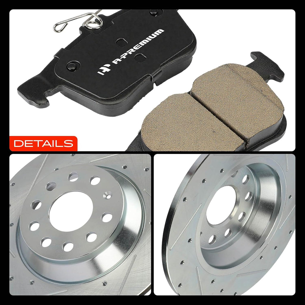 A-Premium 11.81 inch (300mm) Rear Drilled and Slotted Disc Brake Rotors + Ceramic Pads Kit Compatible with Select Volkswagen and Audi Models - Jetta 2019-2023, Golf, Tiguan, Q3, TT Quattro, 6-PC Set
