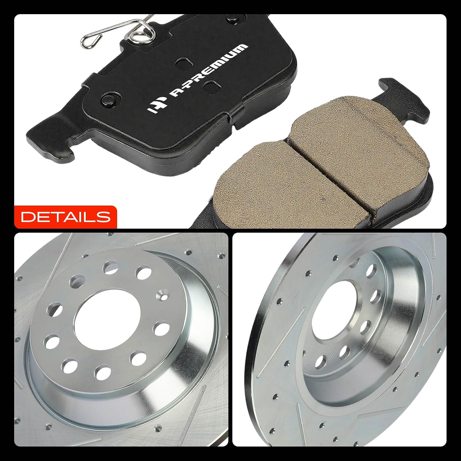 A-Premium 11.81 inch (300mm) Rear Drilled and Slotted Disc Brake Rotors + Ceramic Pads Kit Compatible with Select Volkswagen and Audi Models - Jetta 2019-2023, Golf, Tiguan, Q3, TT Quattro, 6-PC Set