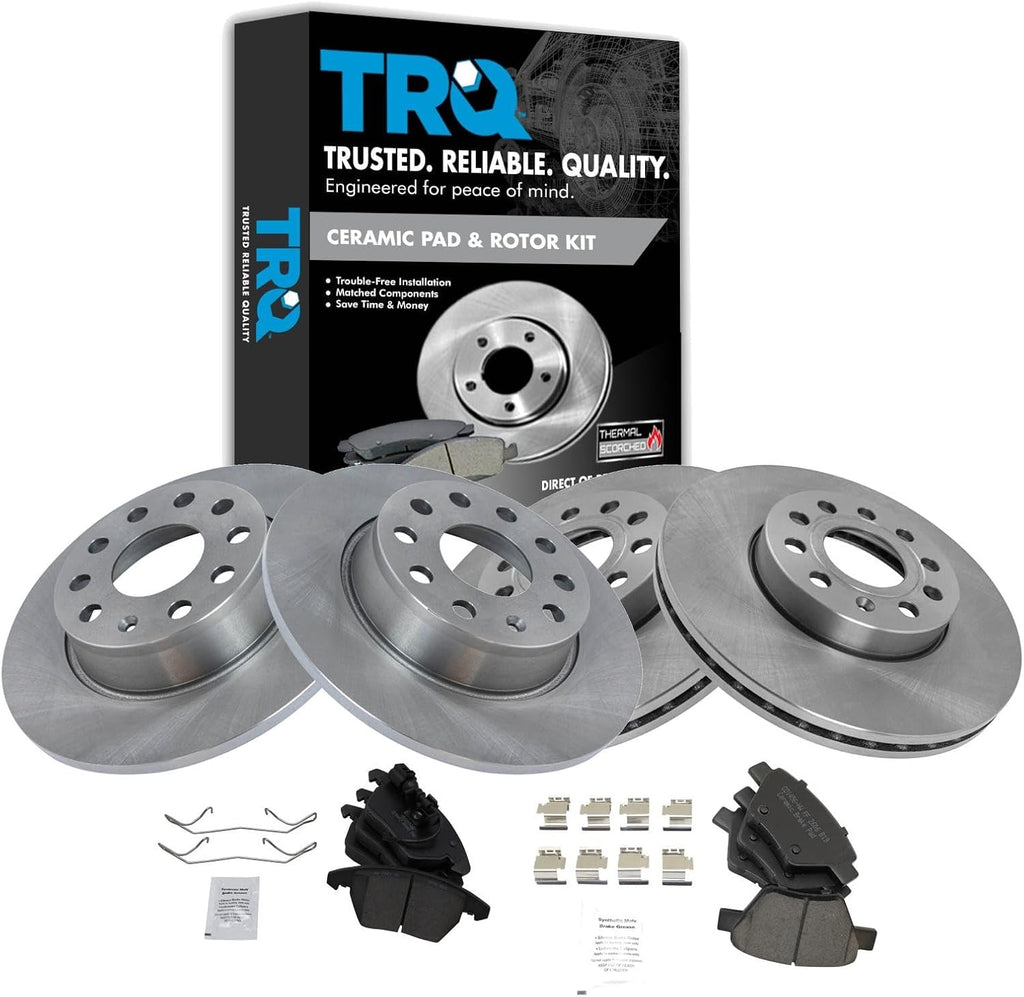 TRQ Front and Rear Ceramic Brake Pad and Rotor Set Compatible with 10-13 Audi A3 Quattro with 272mm Diameter Rear Rotors with 288mm Diameter Front Rotors, 12 Volkswagen Golf