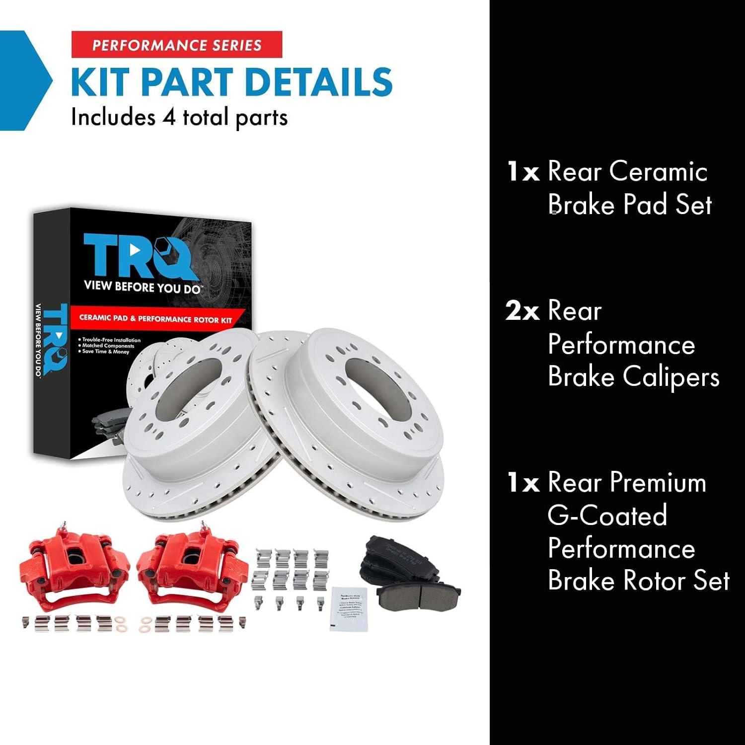 TRQ Performance Rear Brake Pad and Rotor Set Ceramic Drilled Slotted Coated Rotors Calipers Red Compatible with 2010-2014 Toyota FJ Cruiser
