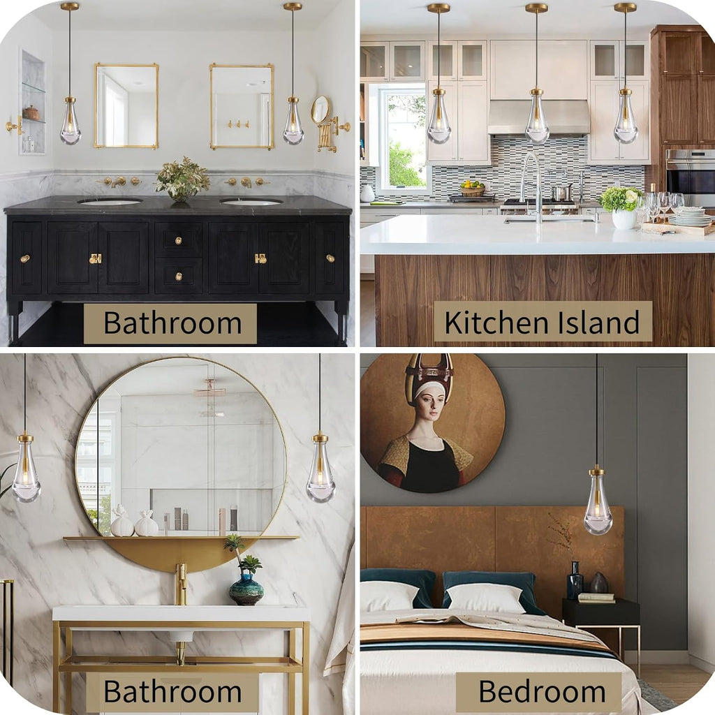 Raindrop Pendant Lights Set of 3, Pendant Lights Kitchen Island 3 Pack, Teardrop Glass Pendant Lights for Bedroom Bathroom, Island Lights, Chandelier for Living Room Hallway, Bulb Included