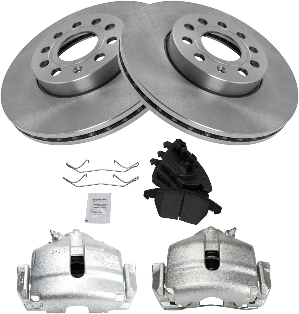 TRQ Front Brake Pad and Rotor Set Ceramic Vented Rotors Calipers Compatible with 2010 Audi A3 2012-2019 Volkswagen Beetle 2010-2014 Golf 2013 GTI 2005-2015 Jetta 2006-2009 Rabbit