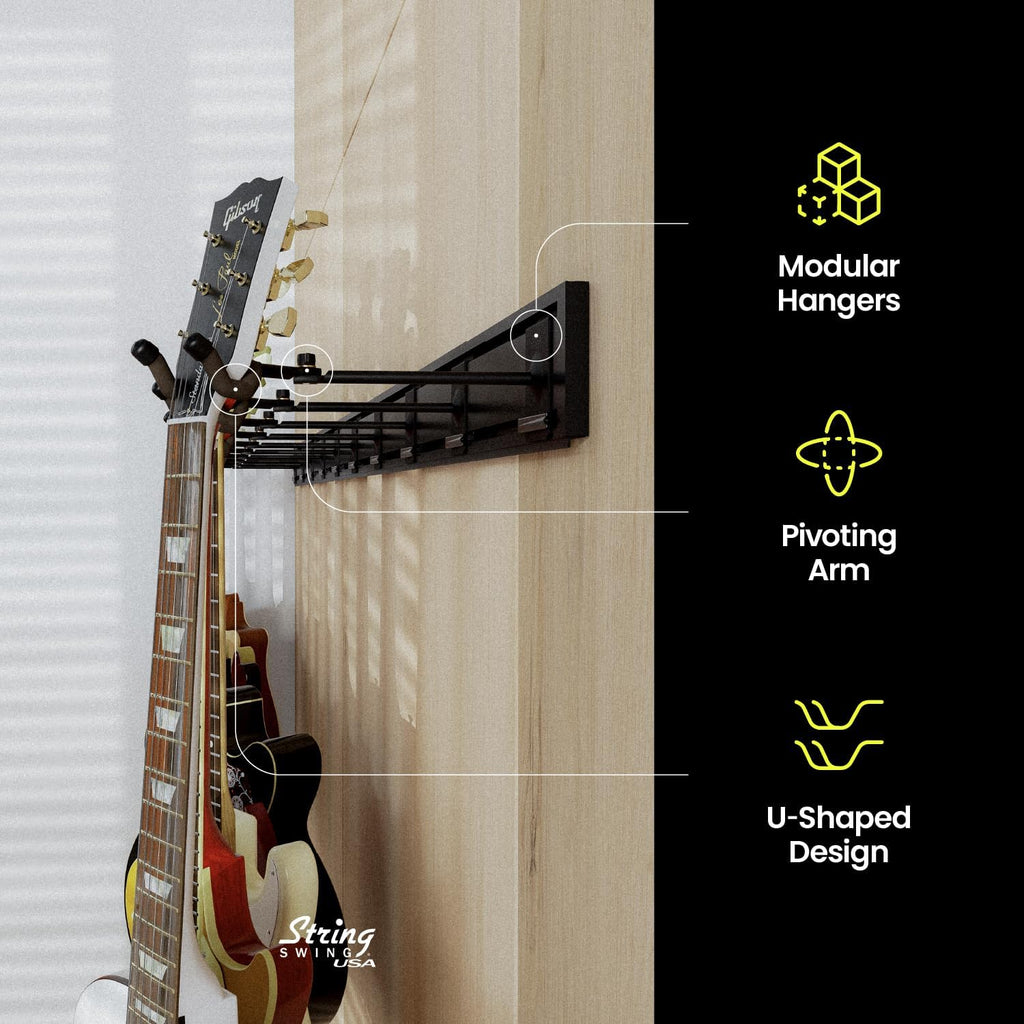 String Swing Guitar Wall Rack, Guitar Stand Mulitple Guitars, Hanging Guitar Stand for Acoustic & Electric Guitars, 10 Heavy Duty Padded Arm Hangers & Black Slatwall Rail - MADE IN USA