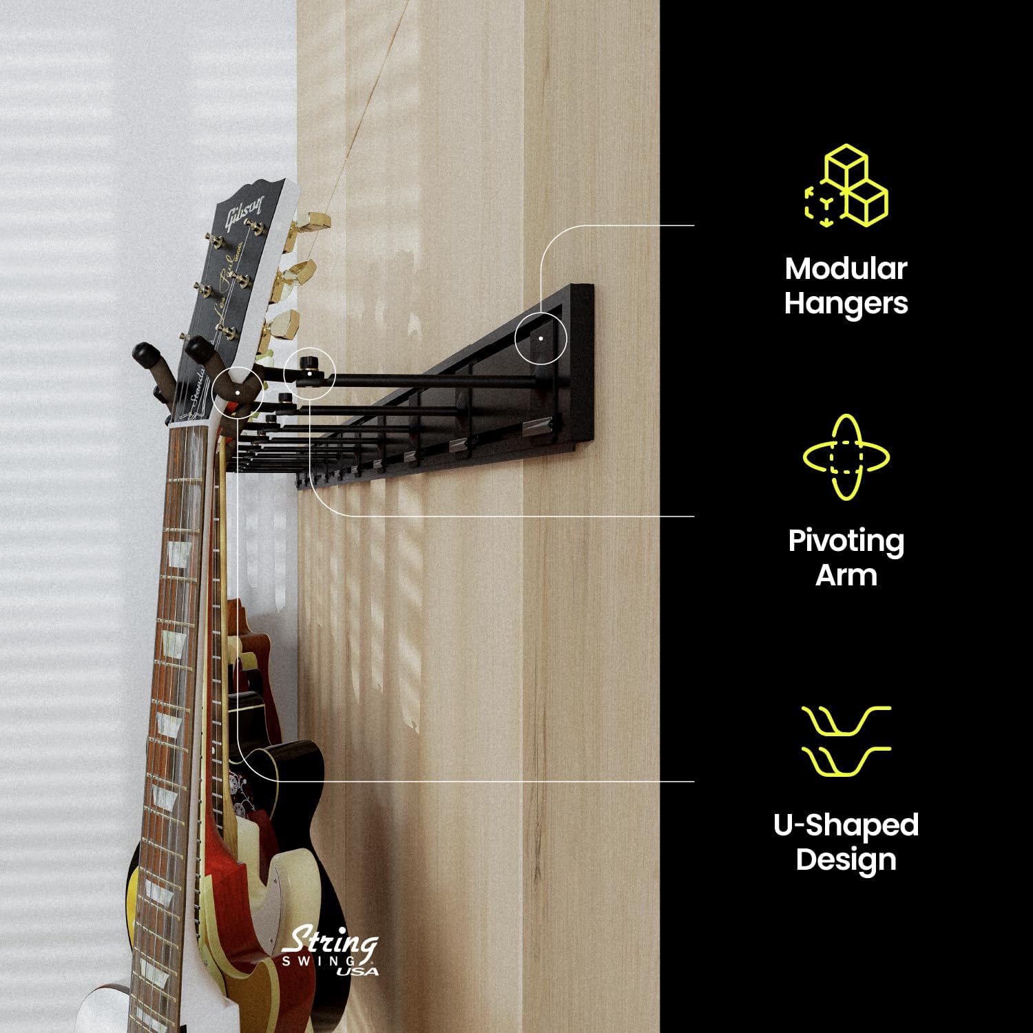 String Swing Guitar Wall Rack, Guitar Stand Mulitple Guitars, Hanging Guitar Stand for Acoustic & Electric Guitars, 10 Heavy Duty Padded Arm Hangers & Black Slatwall Rail - MADE IN USA
