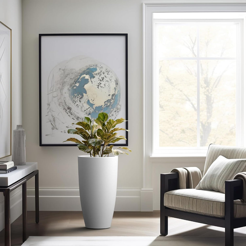Kante 23.6' H Pure White Concrete Tall Planters (Set of 2), Large Outdoor Indoor Decorative Plant Pots with Drainage Hole and Rubber Plug, Modern Style for Home and Garden
