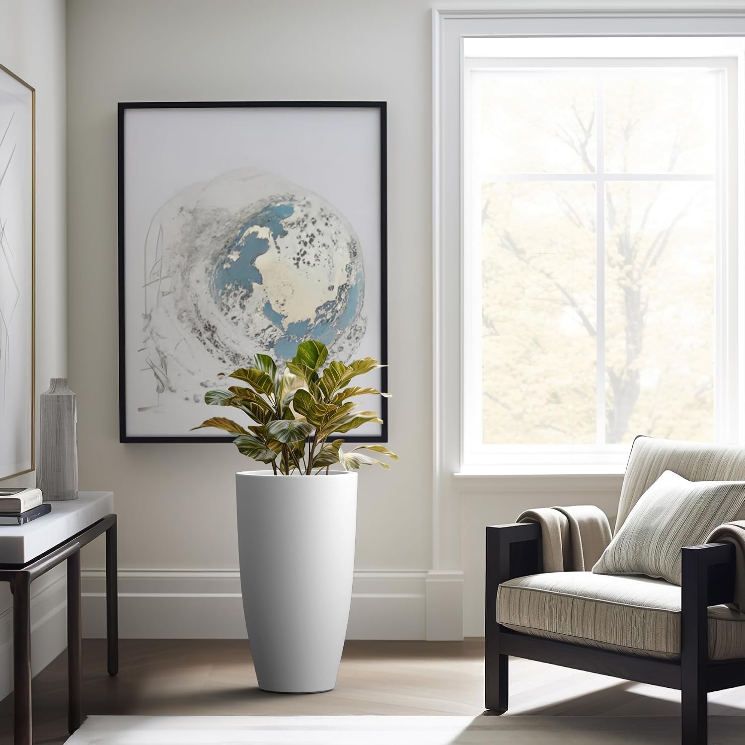 Kante 23.6' H Pure White Concrete Tall Planters (Set of 2), Large Outdoor Indoor Decorative Plant Pots with Drainage Hole and Rubber Plug, Modern Style for Home and Garden
