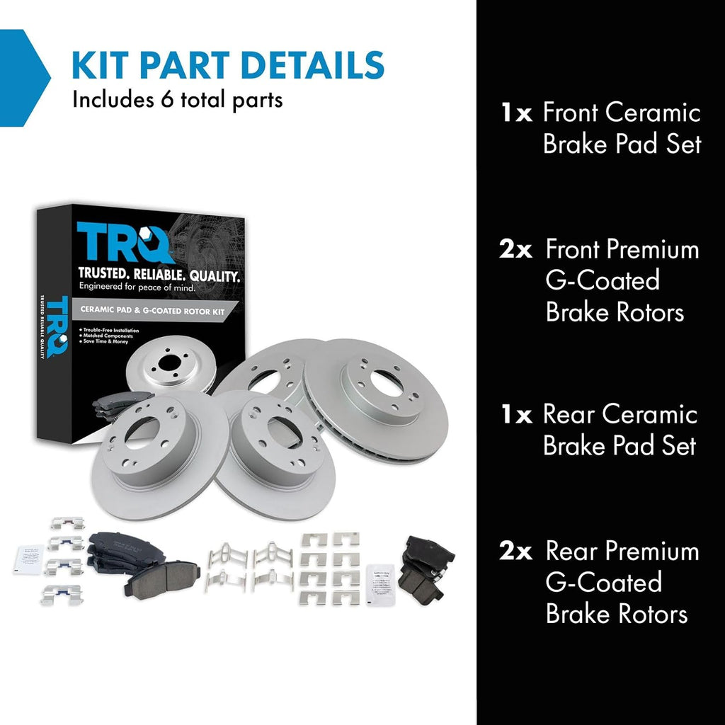 TRQ Front and Rear Brake Pad and Rotor Set Ceramic G Coated Rotors Compatible with 2003-2007 Honda Accord