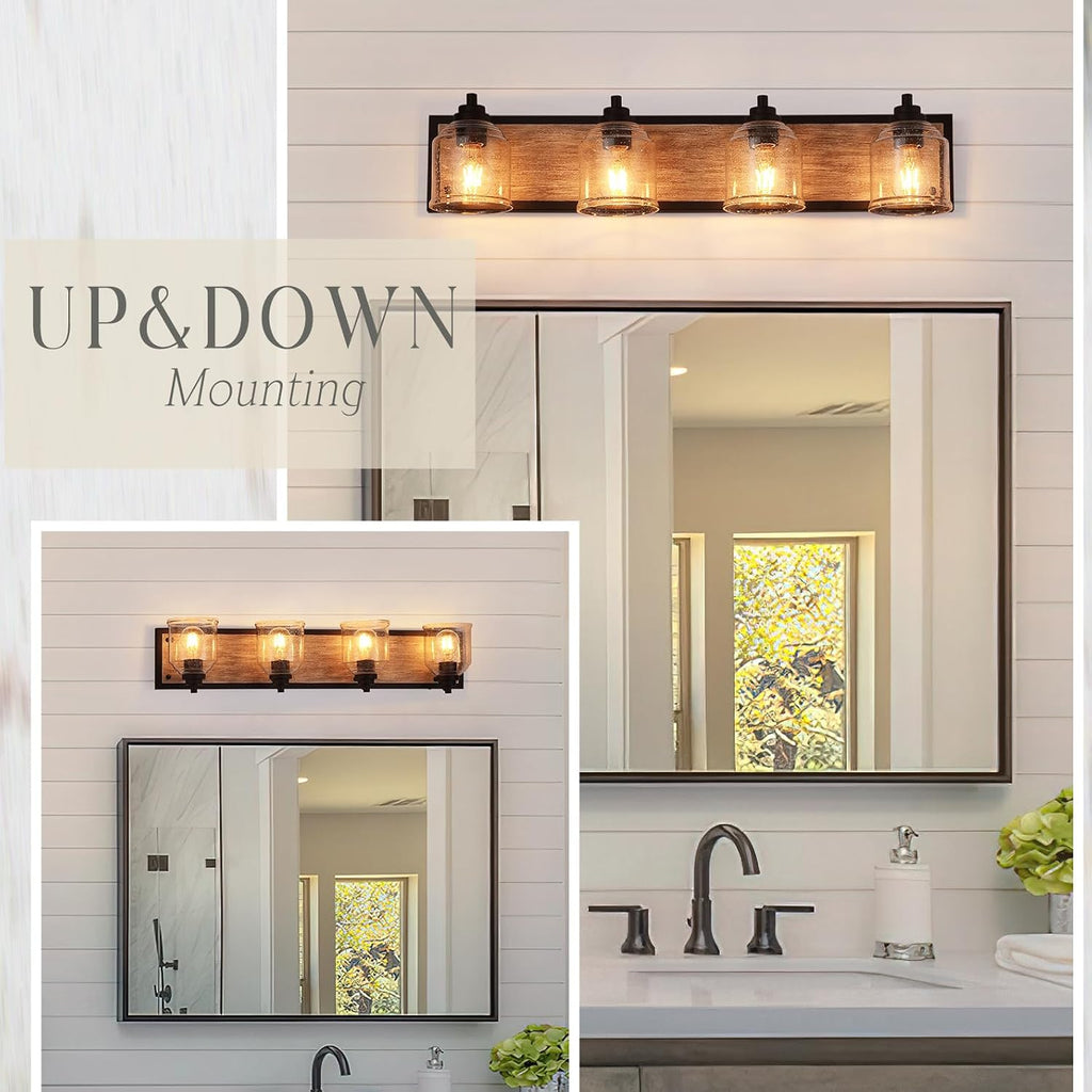 31.5 in. Large 4-Light Vanity Lights for Bathroom, Farmhouse Rustic Bathroom Lighting Fixtures Over Mirror with Bubble Glass Shades, Gray Wood-Look Metal Bath Wall Sconce Home Decor