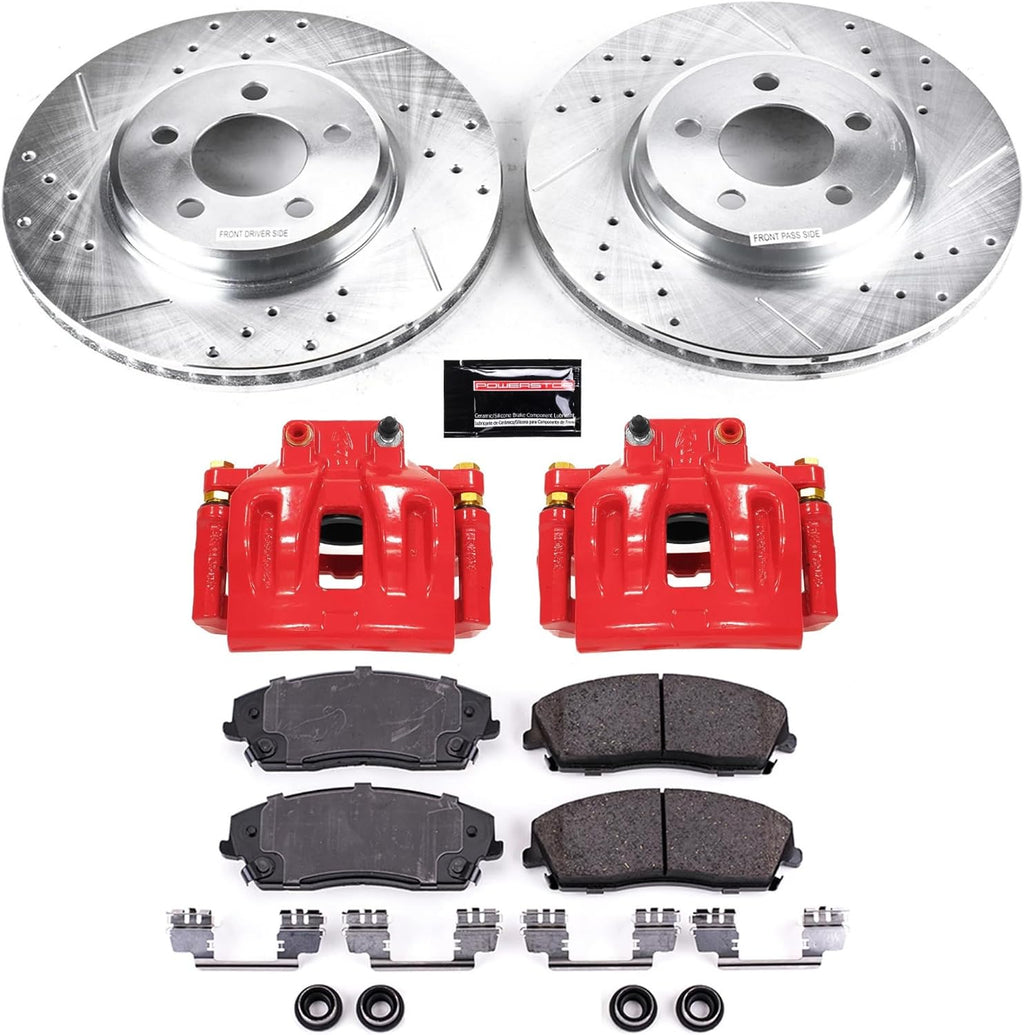 PowerStop Front Brake Kit for Chrysler 300 2012-21 |Dodge Challenger 2012-21 |Charger 2012-21 - Carbon-Fiber Ceramic Brake Pads + Drilled & Slotted Rotors + Red Powder Coated Calipers, KC1714A