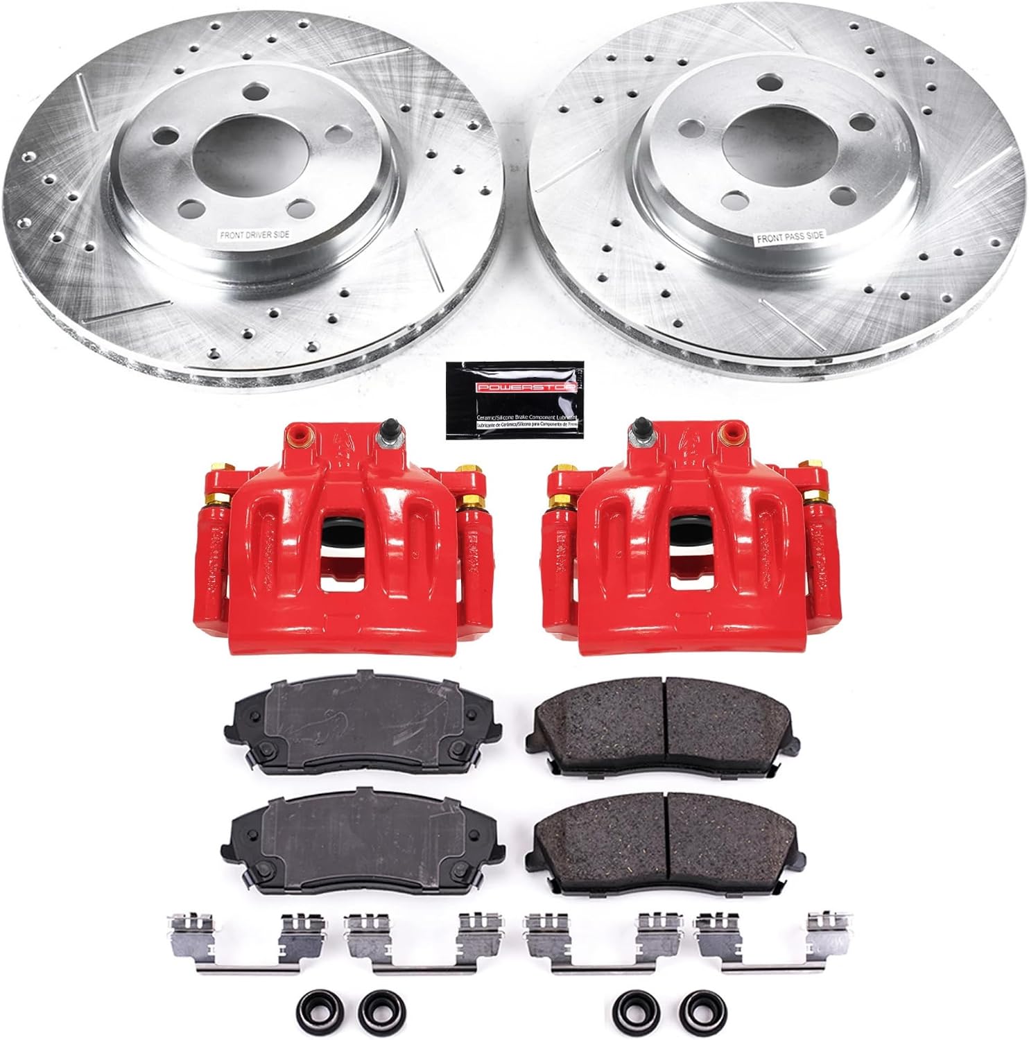 PowerStop Front Brake Kit for Chrysler 300 2012-21 |Dodge Challenger 2012-21 |Charger 2012-21 - Carbon-Fiber Ceramic Brake Pads + Drilled & Slotted Rotors + Red Powder Coated Calipers, KC1714A