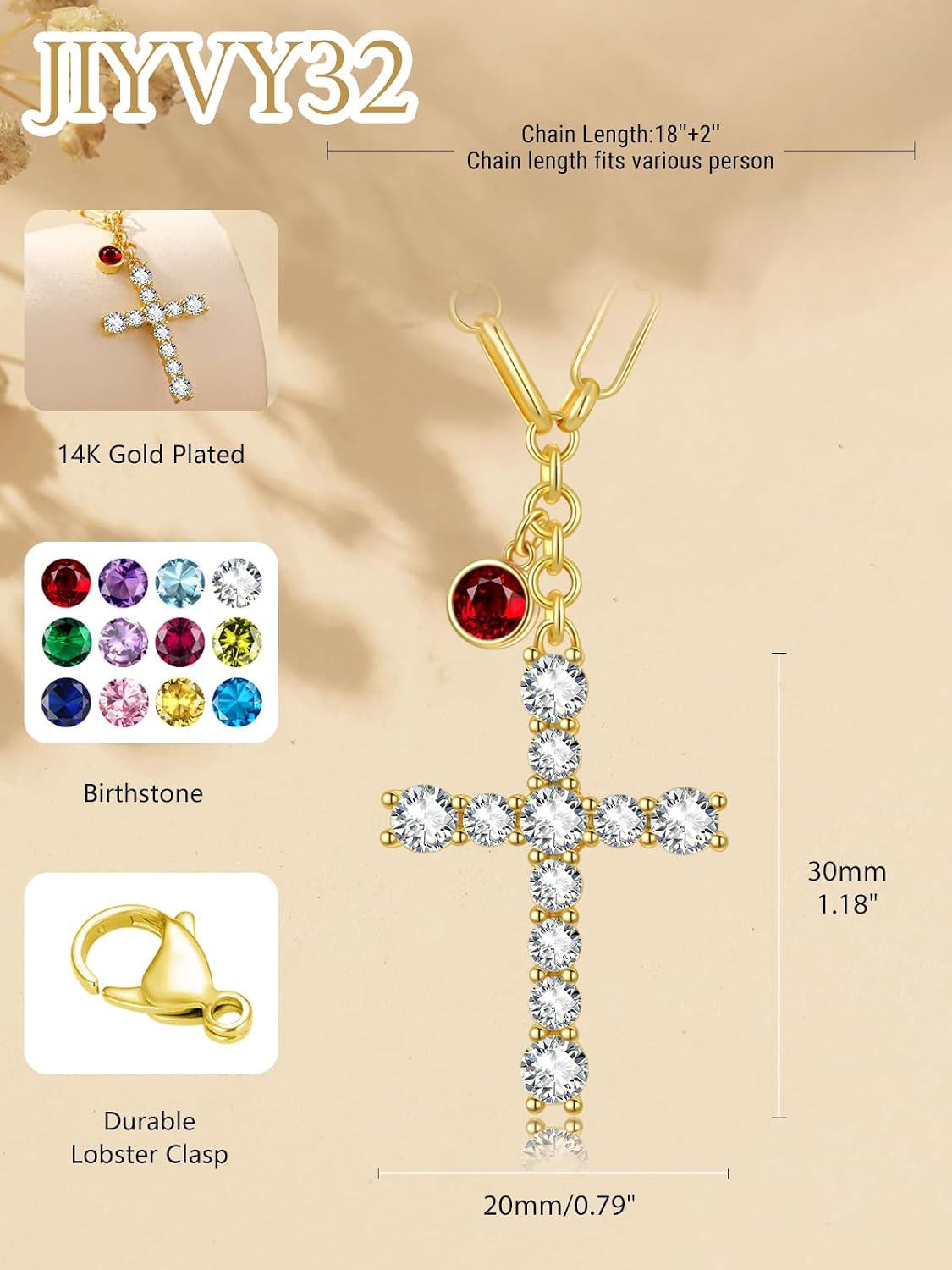 Cross Necklace for Women 14K Gold Birthstone Anniversary Birthday Gift for Wife Mom Protection Christian Jewelry Adjustable Chain