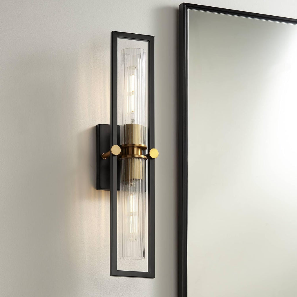 Stiffel Ramos 24' High Modern Art Deco 2 Light Wall Sconce Light Lamp Fixture Mount Bathroom Bedroom Bedside Living Room Hardwired Cordless Matte Black Antique Brass Glass Shade Indoor Kitchen