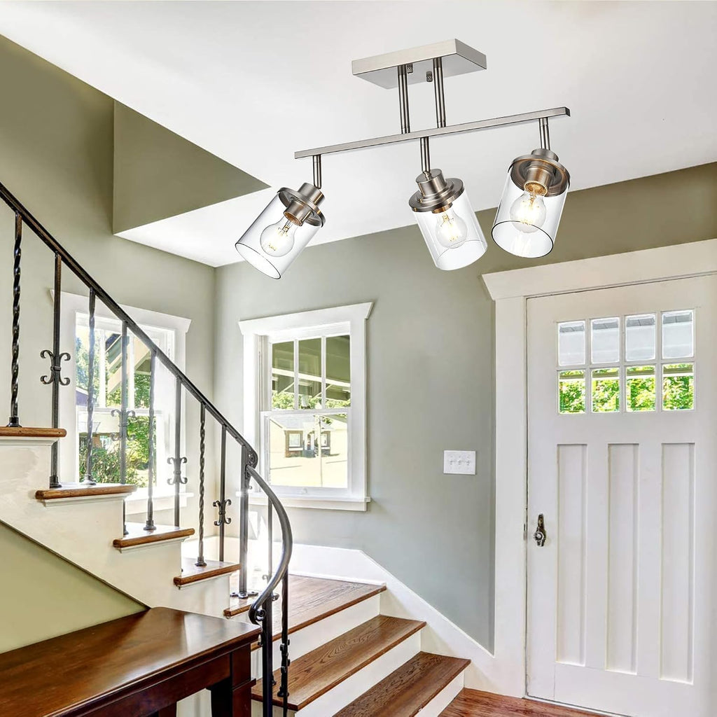 Track Lighting Fixtures 3 Light Directional Ceiling Lights with Adjustable Track Heads, Brushed Nickel Bathroom Vanity Light with Clear Glass Shade