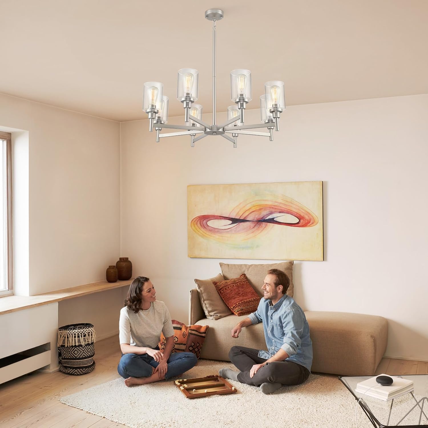 Brushed Nickel Chandeliers for Dining Room | 8 Lights Living Room Light Fixture Over Table | Farmhouse Chandelier with Clear Glass Shade | Hallway Lighting for Kitchen Island | Bedroom | Restaurant
