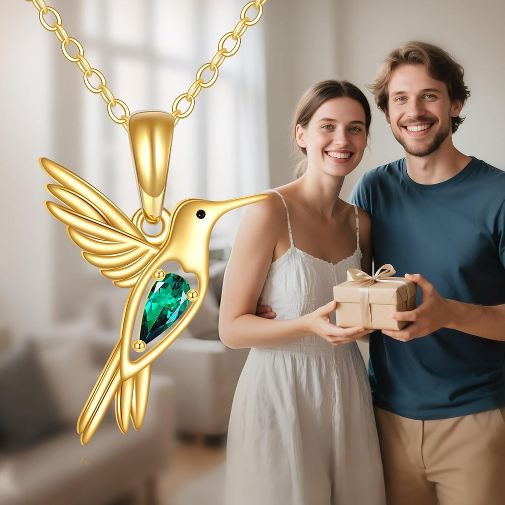 DOVRAN Real Solid Gold Birthstone Butterfly/Dragonfly/Bee/Hummingbird Necklace for Women Yellow Gold Animal Pendant for Christmas Dainty Jewelry Birthday Gifts for Mom Wife