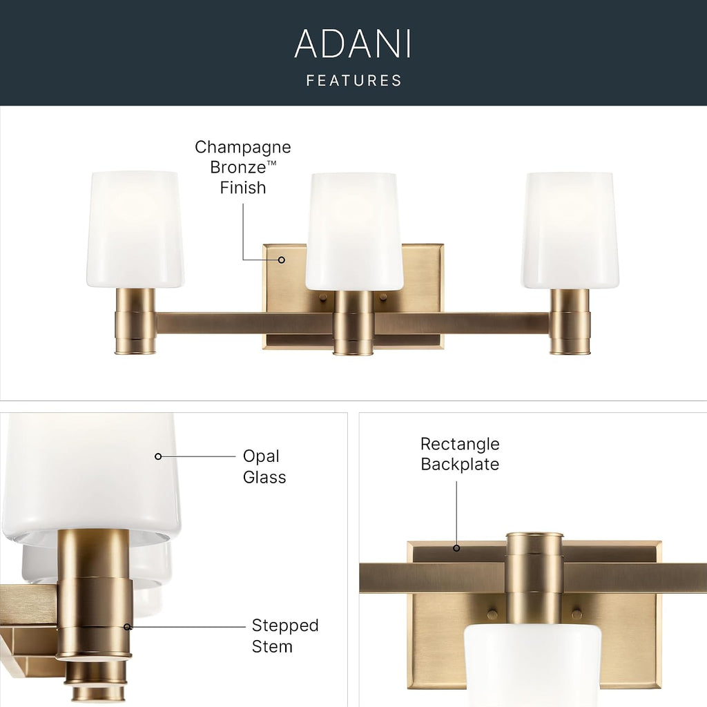 Kichler Adani 3-Light Vanity Light Fixture, Modern Bathroom Vanity Lighting with Opal Glass in Champagne Bronze for Bathroom or Powder Room Wall Mount (8.25' x 24'), 55176CPZ