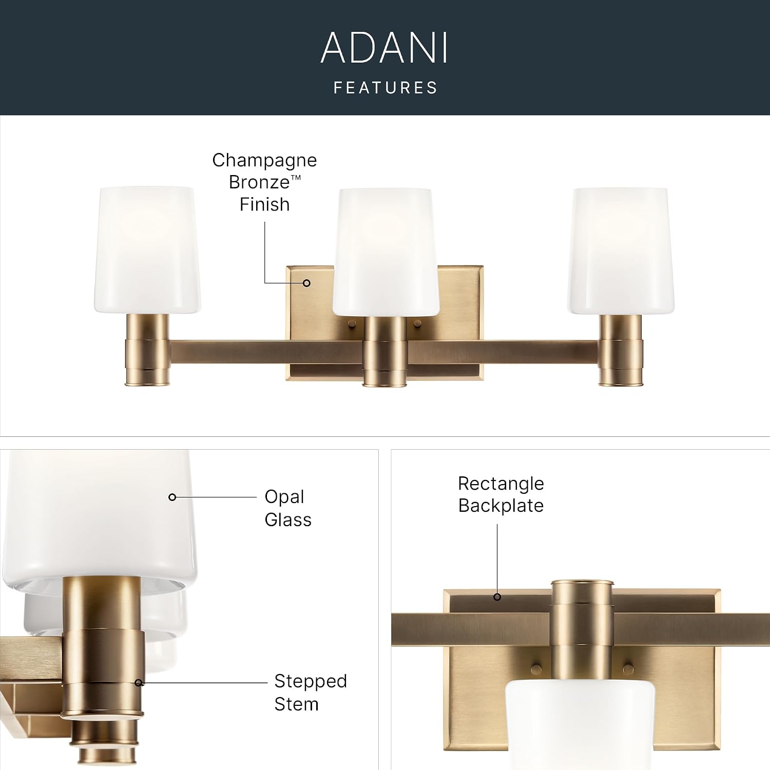 Kichler Adani 3-Light Vanity Light Fixture, Modern Bathroom Vanity Lighting with Opal Glass in Champagne Bronze for Bathroom or Powder Room Wall Mount (8.25' x 24'), 55176CPZ