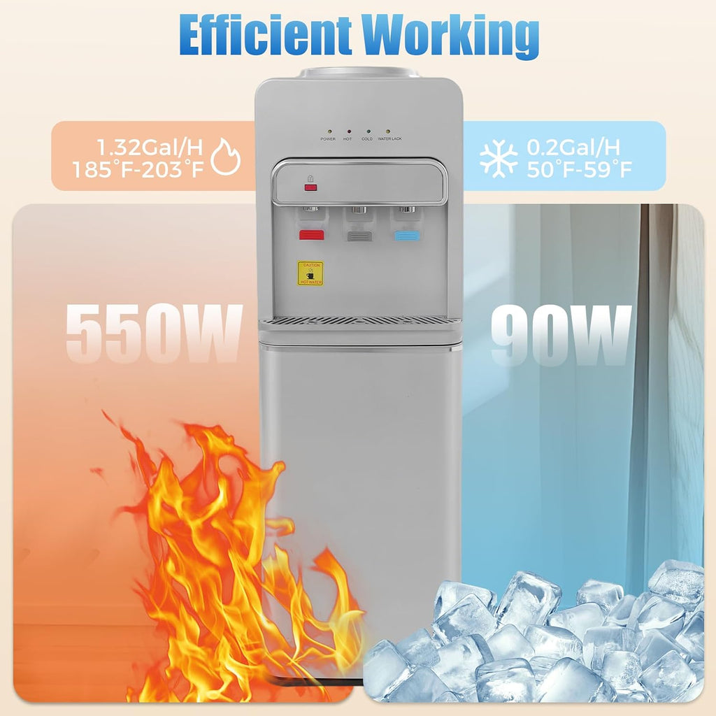 Bottom Loading Water Cooler Dispenser for 3 or 5 Gal Bottles Hot, Cold & Room Water 3 Temperature Settings Water Dispenser with Child Lock Cooling 50°F-59°F for Home Use(Silver 2)