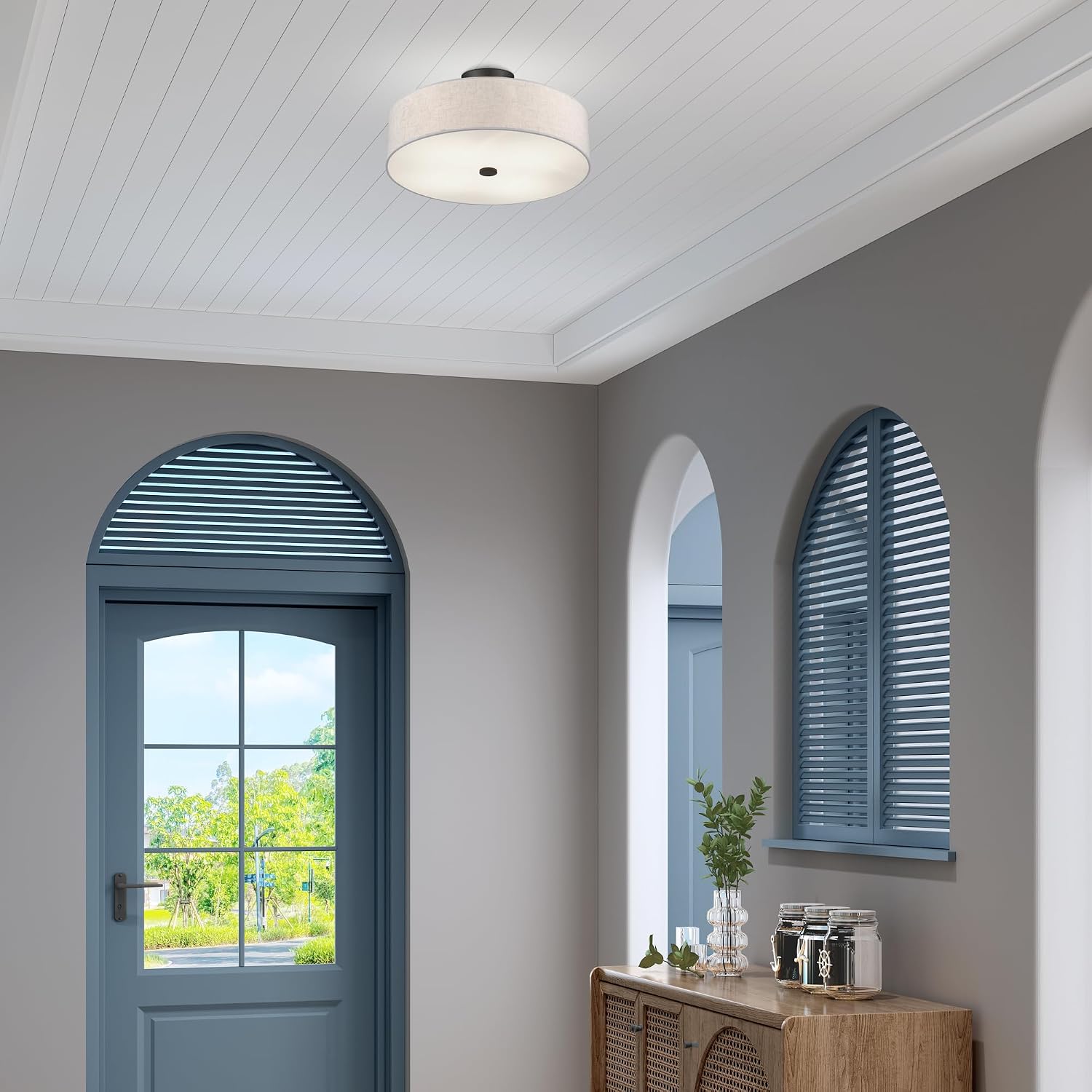Livex Lighting 52136-92 Meridian Collection 4-Light Transitional Ceiling Mount Fixture with Oatmeal Color Fabric Hardback Shade, English Bronze
